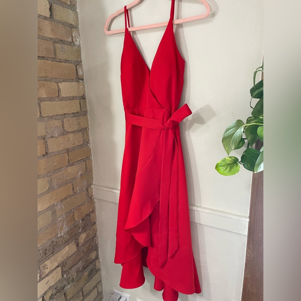 A-Line V-neck Asymmetrical Stretch Crepe Dress Cascading Ruffles - US size 4